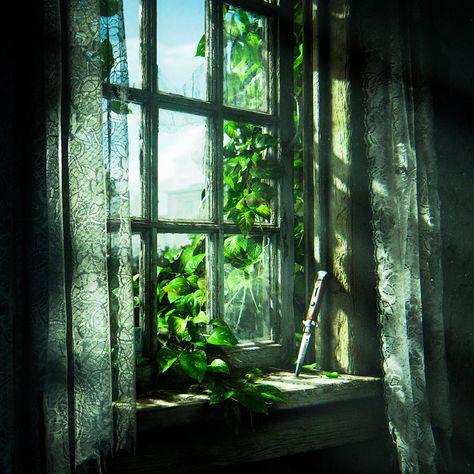 The Last Of Us Part I title screen icon Tlou Window Wallpaper, The Last Of Us Title Screen, The Last Of Us Green Aesthetic, The Last Of Us Window Tattoo, Tlou Window, The Last Of Us Window, The Last Of Us Landscape, Tlou2 Tattoo, The Last Of Us Painting