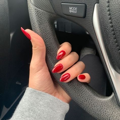 Red nails is always about passion. I always have them when whether starts to cooling down and nights longer. Bright Red Almond Shaped Nails, Long Round Red Nails, Kylie Red Nails, Red Almost Nails, Darker Red Nails, Fall Red Acrylic Nails, Red Nail 2023, Red Pointed Almond Nails, Medium Almond Nails Red