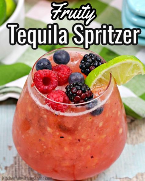 This Fruity Tequila Spritzer is a delicious and simple to make cocktail. A fizzy fruity drink, this cocktail features tequila and vodka with fresh fruit. This is a smooth drink that is perfect for a hot afternoon. Tequila And Vodka Cocktails, Fresh Fruit Alcohol Drinks, Drinks To Make With Tequila, Drinks With Tequila, Tequila Spritzer, Cocktails Tequila, Cocktail Tequila, Tequila Recipe, Spritzer Recipes