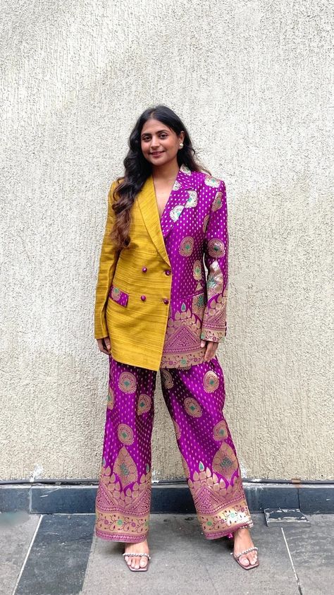 Banarasi Coord Set, Silk Coord Sets, Purple And Mustard, Silk Pant Suit, Recycled Dress, Blazer Pattern, Silk Pant, Silk Blazer, Womens Trendy Dresses