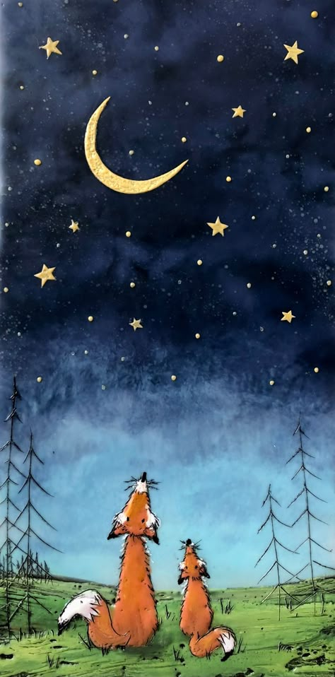 Night Sky With Stars And Moon, Looking At Stars Illustration, The Night Sky Painting, Looking Up At The Stars, Invermere Bc, Moon Stars Art, Summer Drawings, Fox Family, Birch Tree Painting