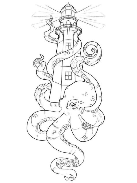 Kraken Outline, Kraken Lighthouse, Octopus Tattoo Stencil, Ofmd Tattoo, Kraken Tattoo Design, Octopus Stencil, Strand Tattoo, Underwater Tattoo, Octopus Tattoo Sleeve