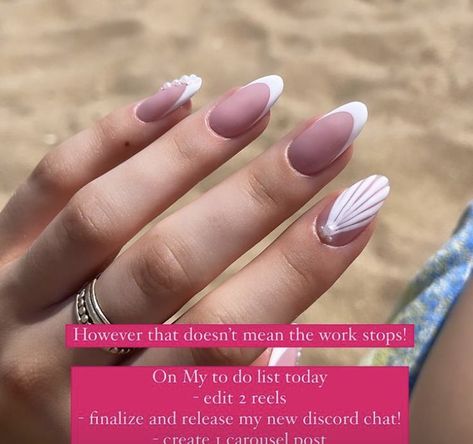 Mermaid Nails French Tip, Mermaid French Nails, Summer Nails Shell, Beach Almond Nails, Vacation Nails Almond Shape, Sea Shell Nails, Little Mermaid Nail Art, Ocean Aesthetics, Shell Nail Art