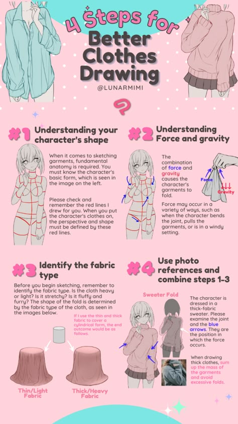 LUNAR ★ MIMI How To Draw Clothes Digital Art, Anime Clothes Coloring Tutorial, Coloring Tutorial Clothes, How Do Draw Clothes, How To Color Clothing Digital, How To Draw Clothes Digital, Basic Art Reference, Art Tips Clothes, How To Draw Fluffy Clothes