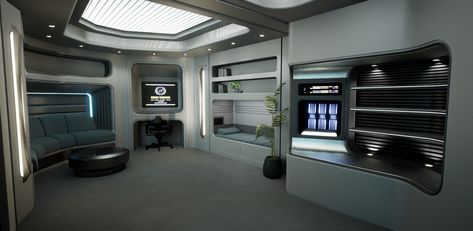 Small Crew Quarter, Daniel Korican on ArtStation at https://www.artstation.com/artwork/9N3Ryy Star Trek Crew Quarters, Star Trek Quarters, Small Spaceship Concept, Starship Interior, Branding Moodboard, Rich Person, Scene Inspiration, Spaceship Interior, Space Explorer