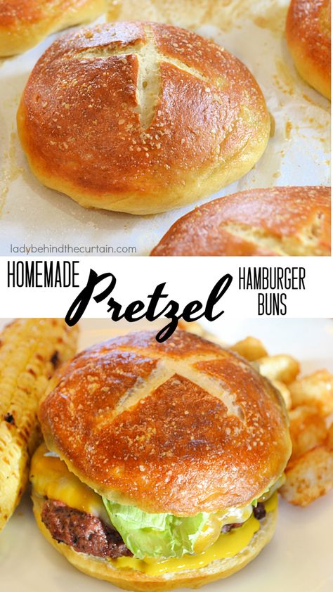 Homemade Pretzel Hamburger Buns Pretzel Burger Buns, Easy Pretzel Buns Recipe, Delicious Homemade Bread, Bun Recipes Homemade, Homemade Pretzel Bread, Best Homemade Hamburger Buns, Pretzel Sandwich Buns, Home Made Hamburger Buns Recipe, Homemade Gourmet Burgers