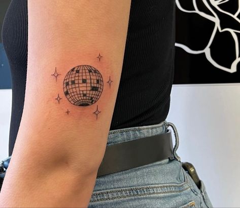 Mirrorball Tattoo Placement, Disco Ball Tattoo Placement, Disco Saturn Tattoo, Disco Ball Globe Tattoo, Heart Disco Ball Tattoo, Traditional Disco Ball Tattoo, Glitterball Tattoo, Small Disco Ball Tattoo, Disco Tattoo Ideas