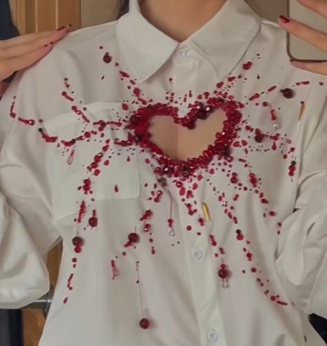 Missing Heart Embroidered Shirt, Heart Shirt Diy, Blood Embroidery, Heart Cutout Shirt, Diy Pearl Jewelry, Cut Tshirt Diy, Cutout Shirts, Cut Out Jeans, Beaded Shirt