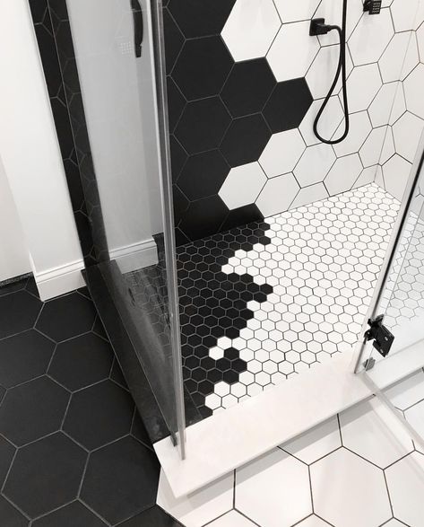 Hexagon Glass Wall Design, Black And White Hexagon Tile Bathroom, Hexagon Shower Floor Tile, Hexagon Shower Floor, White Hexagon Tile Bathroom, Hexagon Tile Bathroom, Honeycomb House, White Hexagon Tiles, Black And White Bathroom