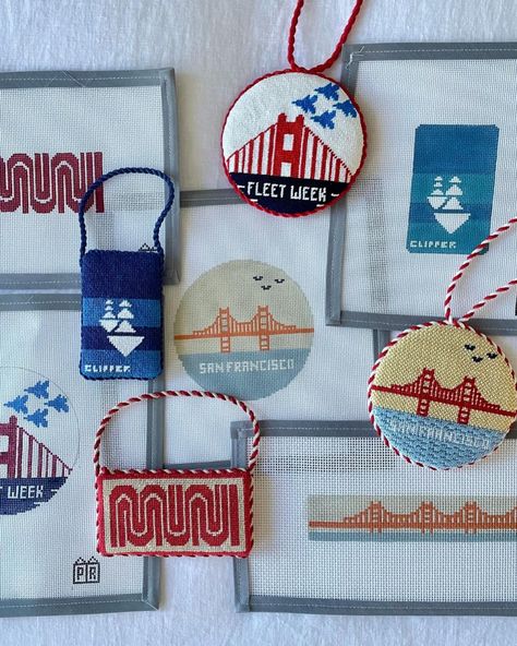 Postcard Row is here to bring you SAN FRANCISCO needlepoint! Our permanent collection of San Francisco themed needlepoint canvases is starting out with two ornaments, including one for FLEET WEEK, a key fob/bookmark, and two transit themed ornaments! We can’t wait to keep adding to the collection as we love the city where we live. Whether you live here too or have been able to visit, we would love to help you commemorate the city by the bay! We are also happy to announce that these needlepoin... Needlepoint Finishing Ideas, Needlepoint Finishing, Themed Ornaments, Fleet Week, Needlepoint Ornaments, Needlepoint Designs, Cable Car, Needlepoint Canvases, Key Fob