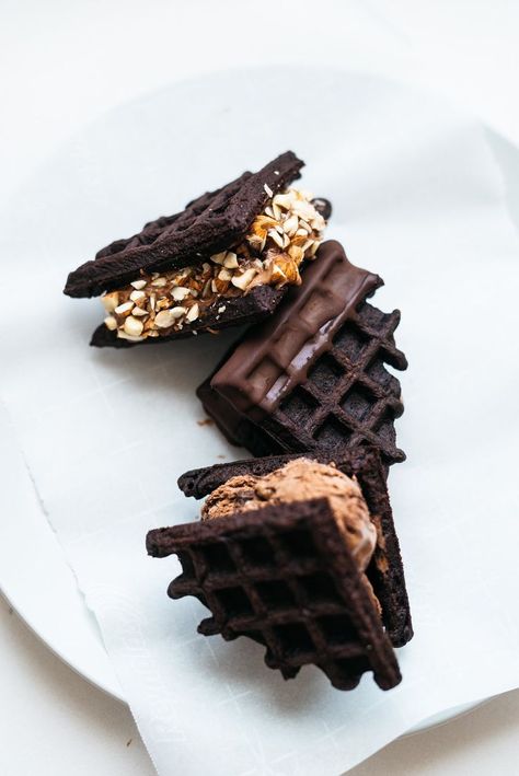 Dark Cocoa Waffle Ice Cream Sandwiches Waffle Ice Cream Sandwich, Waffle Ice Cream, Chocolate Waffles, Waffle Sandwich, Ice Cream Sandwiches, Waffle Recipes, Ice Cream Sandwich, Ice Creams, I Scream