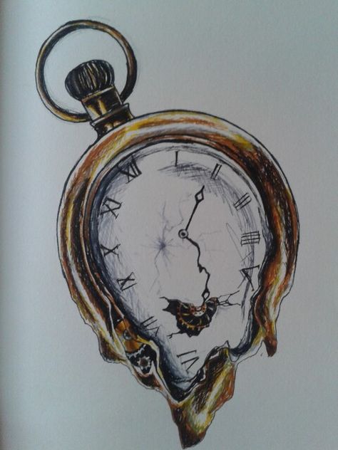 Fine liners, melting pocket watch. Melting Watch Tattoo, Melting Object Drawing, Pocket Watch Drawing Sketches, Watch Painting Art, Stop Watch Drawing, Time Artwork Ideas, Pocket Watch Painting, Time Art Clock, Pocket Watch Sketch