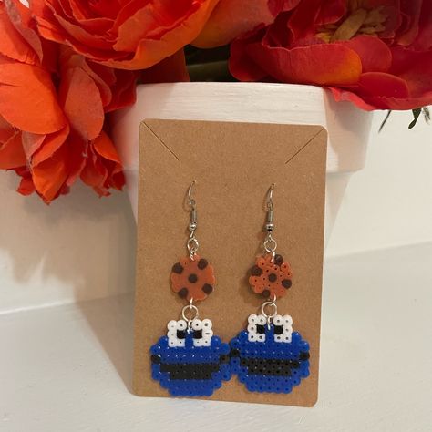 Perler Bead Cookie Monster Earrings Blue, White, Black And Brown New Handmade 2” Inches Perler Beads Bundle To Save Don’t Be Afraid To Send Offers :) Melty Beads Earrings, Freddy Krueger Perler Beads, Fuse Beads Earrings, Perler Bead Earrings Patterns, Peeler Earrings, Perler Beads Earrings, Perler Bead Coaster, Pearled Bead, Perler Bead Crafts