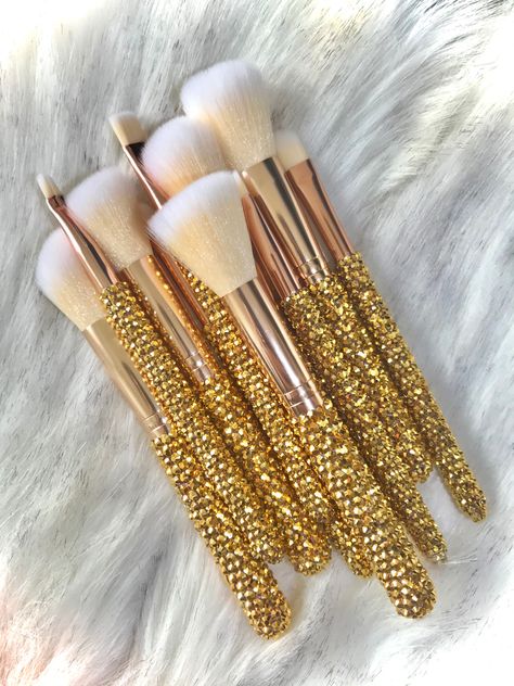 A beautiful set of 10 makeup brushes, both face and eye sets, in glorious gold with soft yellow and white brush heads. Meticulously decorated in crystals and made completely from vegan and cruelty free materials. https://www.etsy.com/uk/shop/ohsosassyxo/ Stippling Brush, Handmade Makeup, Blusher Brush, Crystal Makeup, Brow Brush, Contour Brush, Concealer Brush, Lip Brush, Stippling