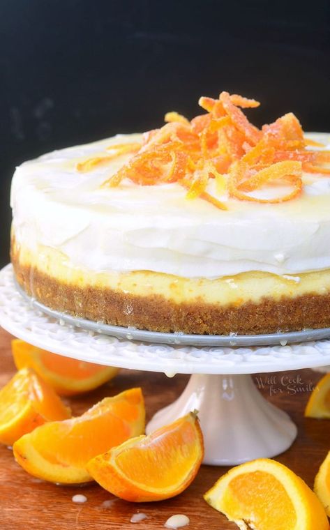 Orange Whipped Cream, Orange Creamsicle Cheesecake Recipe, Orange Creamsicle Cheesecake, Orange Cheesecake Recipes, Summer Cheesecake, Creamsicle Cheesecake, Candied Orange Peels, Will Cook For Smiles, Fruit Cheesecake