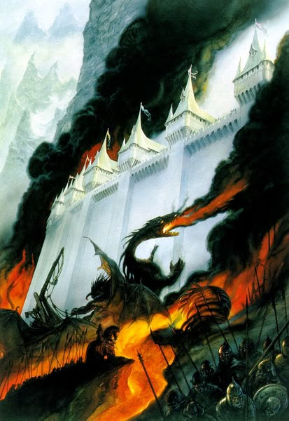 The Fall of Gondolin was the battle between the forces of Gondolin under King Turgon and Morgoth, after Maeglin had betrayed the city's hidden location to the enemy. This battle took the lives of most of the Gondolindrim, and of Turgon and his captains. However, some few managed to escape the through a secret passage, notably Tuor, Idril, and their son Eärendil. When the Ñoldor cities of Beleriand fell to the wrath of Morgoth one by one, Gondolin, hidden within the Crissaegrim, remained a... Fall Of Gondolin, Tolkien Artwork, Demon Dragon, Lord Of Rings, John Howe, Middle Earth Art, Tolkien Art, Lotr Art, Jrr Tolkien