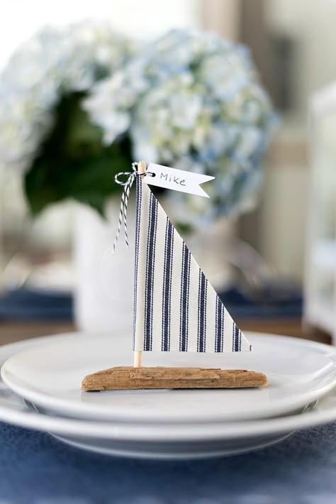 Nautical Table Setting - It All Started With Paint Nautical Dinner Party, Nautical Tablescapes, Nautical Table Centerpieces, Nautical Table Setting, Nautical Table Decor, Sailboat Party, Dinner Table Set Up, Nautical Centerpiece, Retreat Themes