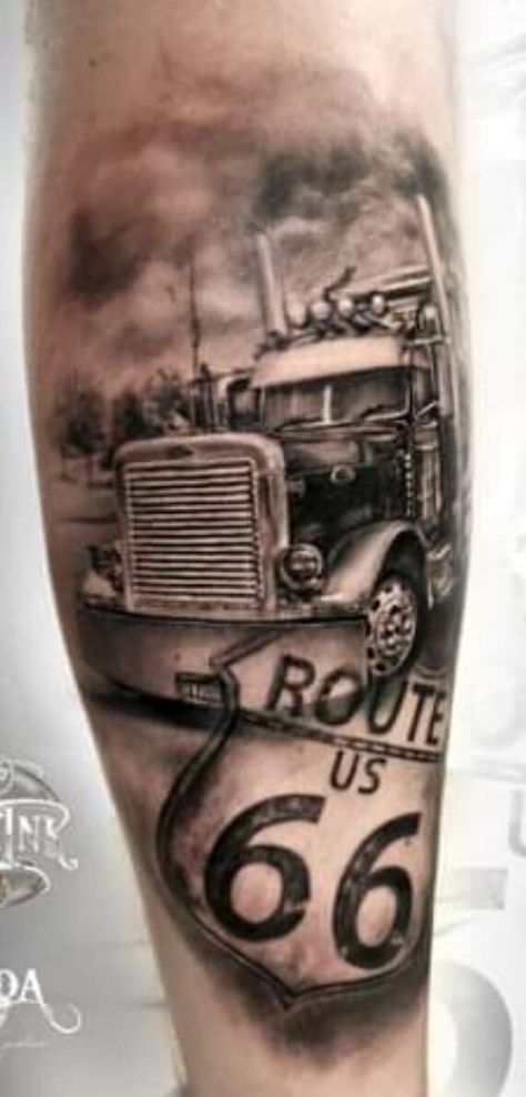 Trucker Tattoo Ideas Semi Trucks, Log Truck Tattoo, Trucker Memorial Tattoos, Kenworth Tattoo, Peterbilt Tattoo, Truck Driver Tattoo Ideas, Truck Tattoos For Men, Trucker Tattoo Ideas, Semi Truck Tattoo