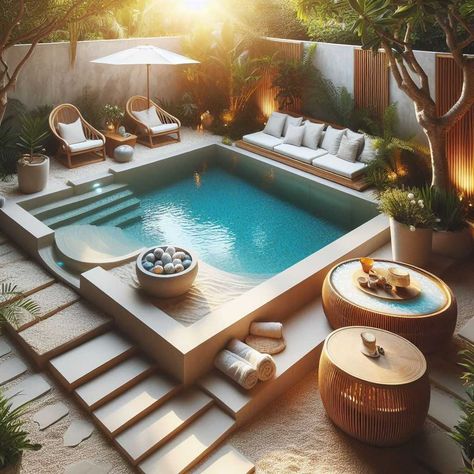 38 Small Backyard Pool Ideas: Maximizing Your Outdoor Oasis » HomeDecorFull Plunge Pool And Hot Tub Combo, Backyard Small Pool, Rectangular Pools With Spas, Small Pool Landscaping, Plunge Pool Ideas Small Spaces, Plunge Pool Ideas, Cocktail Pool, Small Pools Backyard, Mini Swimming Pool