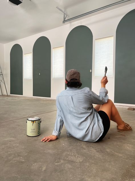 Four green color block arches painted in the color Current Mood by Clare Paint in a DIY home gym. Moody Green Paint, Painted Arches, Green Interior Paint, Gym Aesthetics, Nursery Accent Wall, Diy Home Gym, Green Paint Colors, Green With Envy, Garage Gym