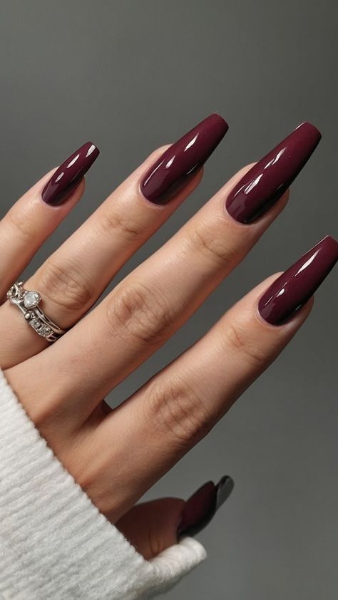 Dark Red Coffin, Nails Coffin Winter, Red Coffin, Press On Nails Coffin, Winter Dark, Nails For Fall, Long Press On Nails, Diy Acrylic Nails, Fancy Nails Designs