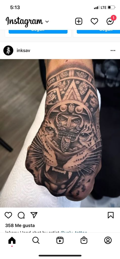 Mayans Tattoo Design, Mexican Animal Tattoo, Mexico Hand Tattoo, Mayan Hand Tattoo, Aztec Drawing Tattoo, Aztec Culture Tattoo, Aztec Lion Tattoo, Jaguar Hand Tattoo, Mexican Jaguar Tattoo