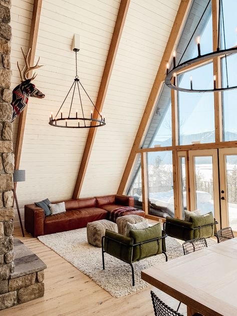 The New Cabin Chandeliers + What's Working and What's Not! - Chris Loves Julia Cabin Chandelier, Frame Cabins, Frame House Plans, A Frame Cabins, Rustic Kitchens, A Frame House Plans, Chris Loves Julia, Frame Cabin, Cabin Interiors