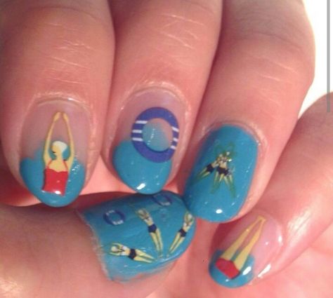 Swimming Pool Nail Art, Swim Nails Designs, Swimmer Nails, Lifeguard Nails, Swimming Pool Nails, Swimming Nails, Swim Nails, Pool Nail Art, Pool Party Nails