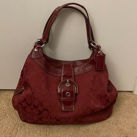 Coach Soho Signature Large Hobo Bag Crimson Red Red Hobo Bag, Coach Red Bag, Red Vintage Bag, Red Coach Bag, Purse Aesthetic, Coach Hobo Bag, Dark Red Color, My Style Bags, Large Hobo Bag