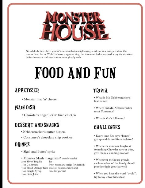 Monster House Movie Night Food, Monster House Dinner And Movie, Elemental Movie Theme Dinner, Monster House Themed Dinner, Elemental Movie Night Ideas, Halloween Movie Recipes, Monster House Movie Night, Disney Halloween Dinner And Movie, Fall Movie Night Dinner