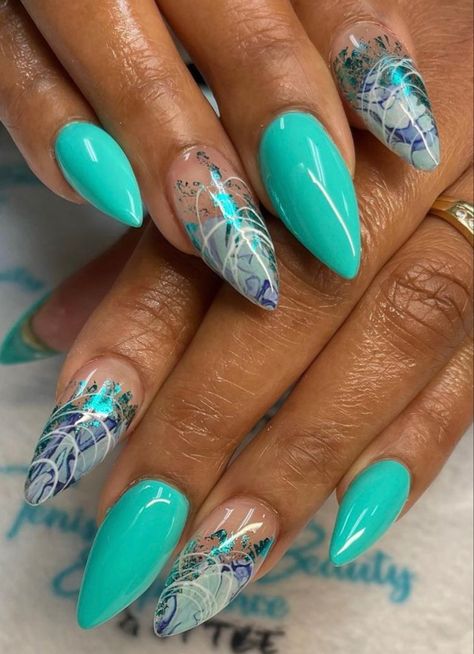 Tiffany teal swirls Teal Abstract Nails, Tiffany And Co Nail Designs, Tiffany Nails Design, Tourquise Nails Design, Teal Blue Nails Designs, Tiffany Blue Nails Design, Teal Nails With Design, Nails Teal, Teal Nail Art