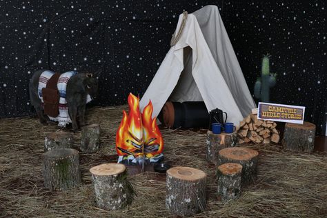 Ideas for decorating Campfire Stories Camp Fire Decorations, Diy Campfire Prop, Camping Stage Design, Wilderness Vbs Decorations, Camp Theme Decor, Wilderness Decorations, Campfire Decorations, Camp Decorating Ideas, Campfire Decor