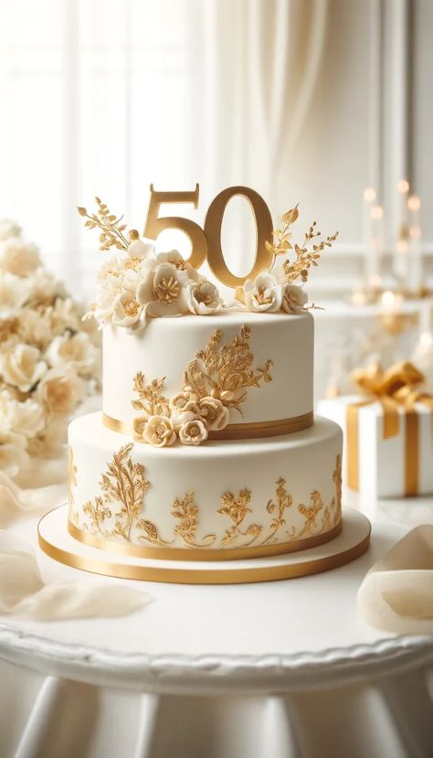 50th Golden Wedding Anniversary Ideas, Gold Two Tier Cake, White And Golden Cake, 50th Wedding Anniversary Cakes Gold, Gold Cake Design Birthday, Two Tier Cake Designs, Unique Anniversary Cake Designs, Gold Theme Cake, 50th Anniversary Cake Ideas