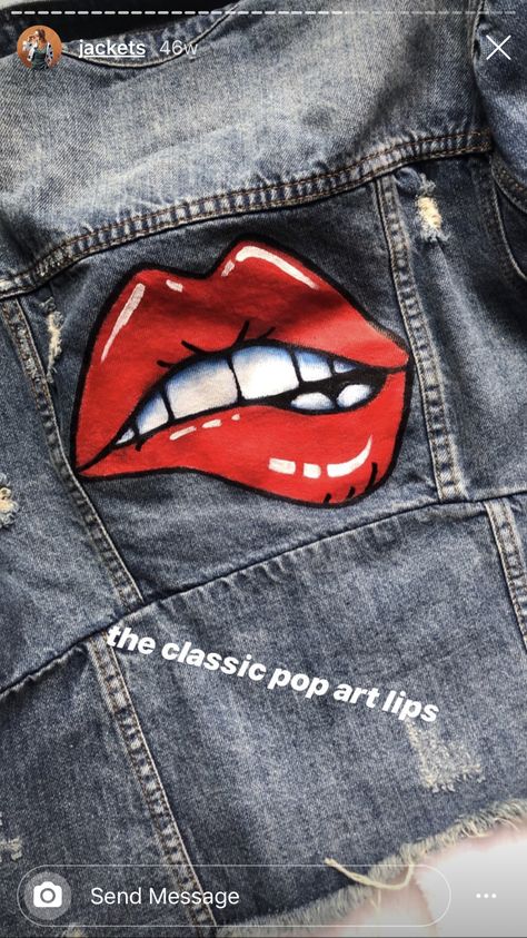 Pop Art Denim Jacket, Fabric Painting Ideas, Denim Jacket Diy Paint, Painted Jean Jacket, Paint T Shirt, Custom Jeans Diy, Pop Art Lips, Art Lips, Painted Clothes Diy