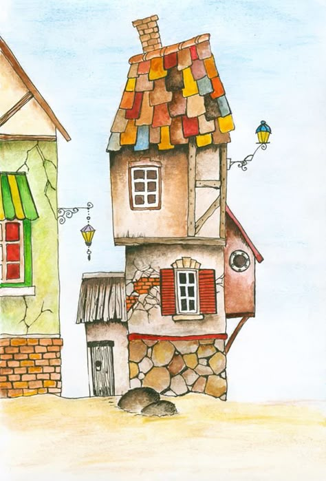 Funky House Drawing, Whimsical House Illustration, Whimsical Watercolor Houses, Whimsical Houses, Watercolor House Painting, Whimsical Art Paintings, House Sketch, Whimsical Paintings, House Illustration