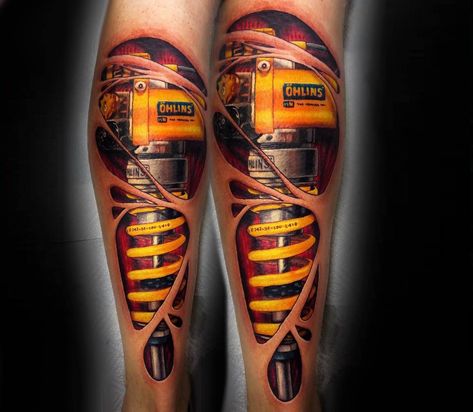 Ohlins suspension tattoo by Bekker Konstantin | Photo 25590 Suspension Tattoo, Shock Tattoo, Shock Art, Cloud Tattoo Sleeve, Pointillism Tattoo, Biomechanical Tattoo Design, Best 3d Tattoos, Best Leg Tattoos, Arrow Tattoo Design