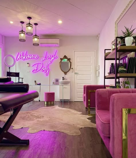 Wax Suite Decor Ideas, Pink Wax Room, Lash Supply Store, Lash Studio Interior, Lash Studio Interior Design, Purple Salon Decor Ideas, Pink Nail Studio, Lash Neon Sign, Lash Salon Decor