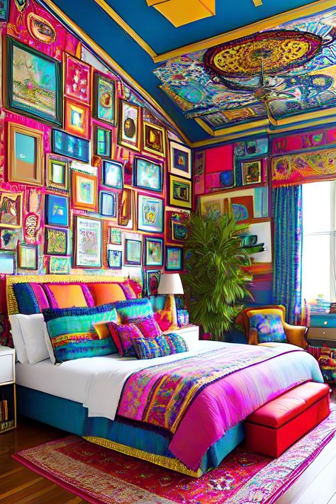 Salon Color Palette, Funky Bedroom Ideas, Maximalist Rooms, Hippy House, Moody Maximalism, Colourful Furniture, Eclectic Decor Bohemian, Boho Homes, Colorful Boho Home