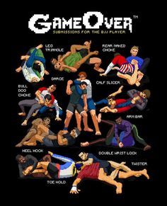 Take a closer look at the back of our "Game Over" tee, featuring a collection of submissions performed by 12-bit fighters. This tee is available now at NewazaApparel.com, and many of these submissions are inspired by real events; can you name them all? #newazagameover Jiu Jitsu Quotes, Jiu Jitsu Memes, Martial Arts Moves, Martial Arts Sparring, Jiu Jitsu Techniques, Trening Sztuk Walki, Bjj Jiu Jitsu, Bjj Training, Self Defense Moves