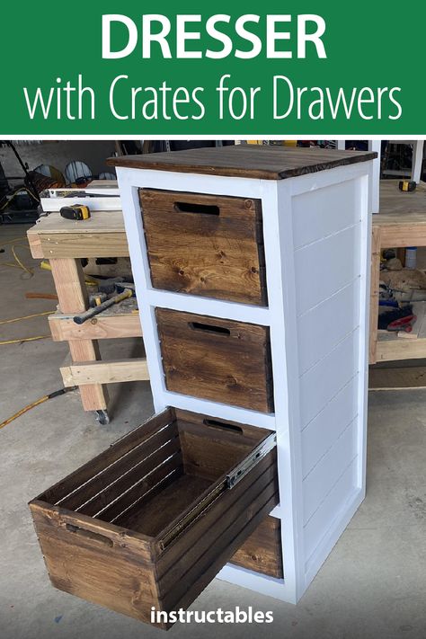 Diy Basket Drawers, Diy Dresser Build Easy, Diy Furniture Build, Diy Multipurpose Furniture, White And Wood Dresser Diy Projects, Ideas For Wooden Crates, Diy Crate Shelf, Crate Drawers, Diy Dresser Build