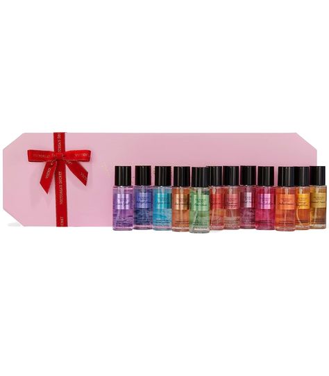 The joy of gifting discovery. Explore the Mist Collection with the ultimate selection of scents. Gift set includes 12 travel size mists, 2.5oz. each, in iconic Victoria's Secret Mist Collection scents. Scents included: Velvet Petals, Pure Seduction, Temptation, Strawberries & Chamnpagne, Amber Romance, Mango Temptation, Bare Vanilla, Coconut Passion, Pear Glace, Aqua Kiss, Midnight Bloom, & Love Spell. Pink Perfume Victoria Secret, Mango Temptation, Victoria Secret Store, Amber Romance, Victoria Secret Body Spray, Bare Vanilla, Victorias Secret Set, Pure Seduction, Season Of Giving