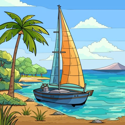 Sea Scenery Drawing, Sea Shore Drawing, Kerala Boat Drawing, Boat And Sea Drawing, Boat Scenery Drawing, Boat Scenery Painting, Sea Drawing, Oil Pastel Drawings Easy, Interesting Drawings