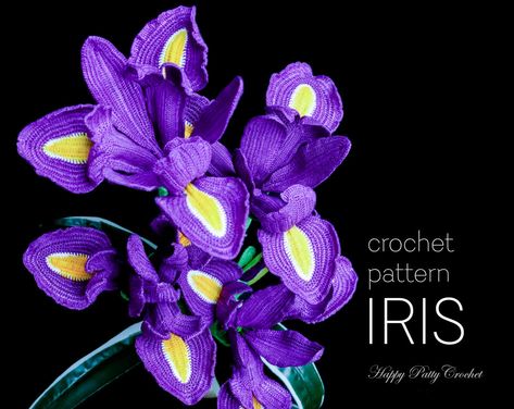 Crochet Iris, Flower Pattern Crochet, Crochet Flowers Rose, Iris Pattern, Crochet Web, Dutch Iris, Irish Crochet Flowers, Crochet Puff Flower, Crochet Flower Pattern