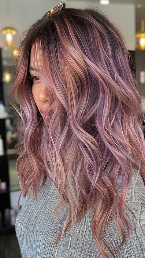 Lavender And Rose Gold Hair, Rose Gold Purple Hair, Balayage Hair With Purple, Light Brown Hair With Vivid Color, Brunette Lavender Hair, Rose Pink Balayage, Lavender Brunette Hair, Purple And Rose Gold Hair, Blonde Purple Balayage