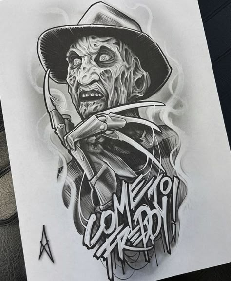 Horror Sleeve Tattoo Ideas, Horror Movie Tattoos Ideas Drawing, Evil Tattoo Designs, Horror Tattoo Stencil, Horror Movie Tattoos Ideas, Horror Movie Drawings, Horror Tattoo Designs, Horror Tattoo Design, Freddy Krueger Tattoo