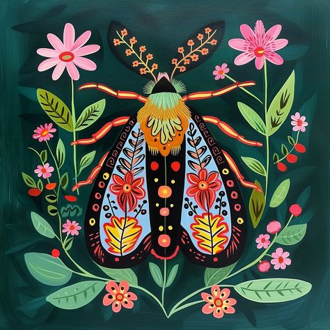 ✨🎨Try Best Midjourney Prompts - Click on Link in my Bio🔗👀 Insects Theme, Moth Art, Surrounded By Flowers, Folk Design, Scandinavian Folk Art, Insect Art, Affinity Designer, Fantastic Art, Butterfly Art