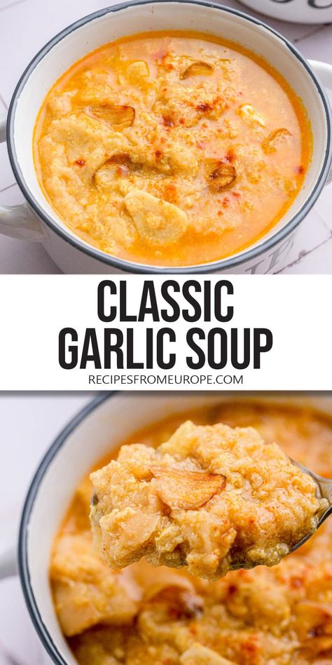 Want to make classic Sopa de ajo? This Spanish garlic soup is full of delicious flavors and so easy to make with few ingredients! Spanish Garlic Soup, Golden Garlic Soup, Spanish Garlic Soup Recipe, Garlic Soup Recipe, Spanish Soup, Spanish Recipe, Hot Sandwich Recipes, Beans Soup, Leftovers Soup