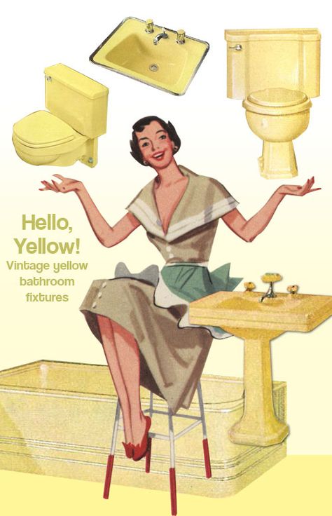 There’s no doubt about it — yellow is just one of those happy, sunny colors that can instantly brighten a space. It is no surprise then, that midcentury bathrooms, which already featured smile-inducing pastels like pink, green and blue, would also be bathed in sunny yellow. In my research, I found that many manufacturers offered a version … Pale Yellow Bathrooms, Yellow Tile Bathroom Ideas, Yellow Tile Bathroom, Vintage Yellow Bathroom, Yellow Bathroom Tiles, Vintage Blue Bathroom, Yellow Bathroom Walls, Bathroom Retro, Retro Bathroom Decor