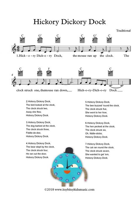 Hickory Dickory Dock Sheet Music With Chords And Lyrics For Free Childhood Songs, Nursery Rhymes Lyrics, Lullaby Songs, Rhymes Lyrics, Children Songs, Hickory Dickory Dock, Kindergarten Songs, Classroom Songs, Songs For Toddlers