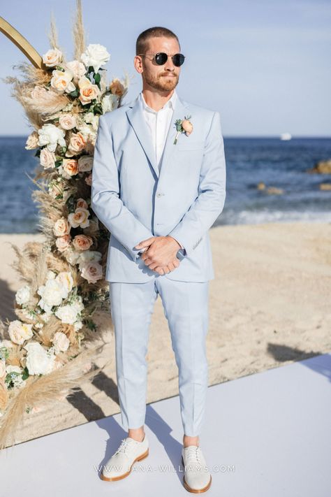 Men Tux Beach Wedding, Groom Suits For Beach Wedding, Destination Wedding Tuxedo, Tropical Beach Wedding Groom Attire, Men Suit Beach Wedding, Light Blue Suit Beach Wedding, Wedding Linen Suits Men, Beach Mens Wedding Attire, Men’s Linen Wedding Suit